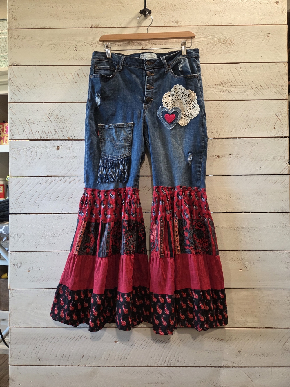 Women's scrappy jeans/pants Patchwork Flare Jeans in Denim Blue and Red